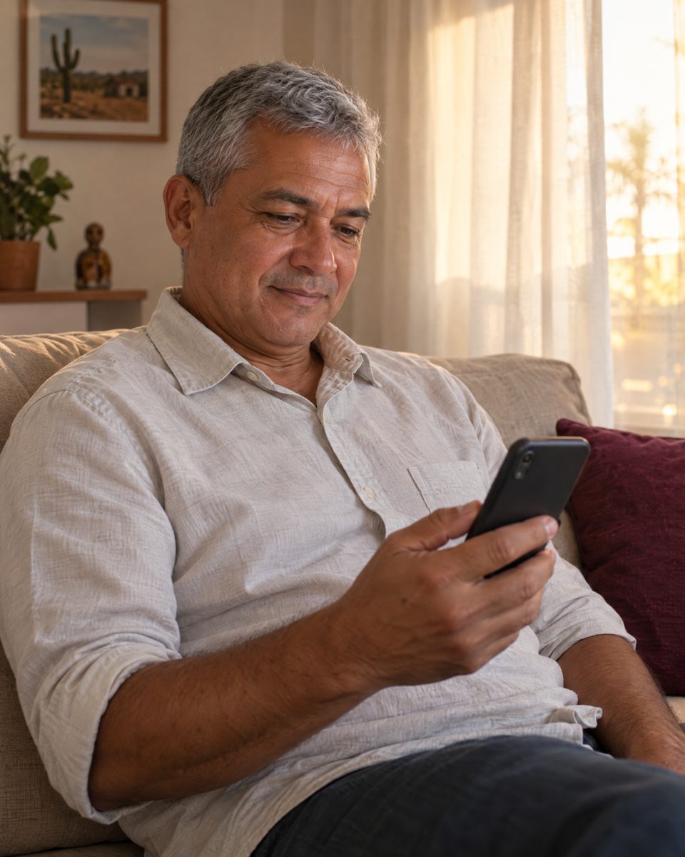 Homem lendo no celular o aviso do processo pelo WhatsApp