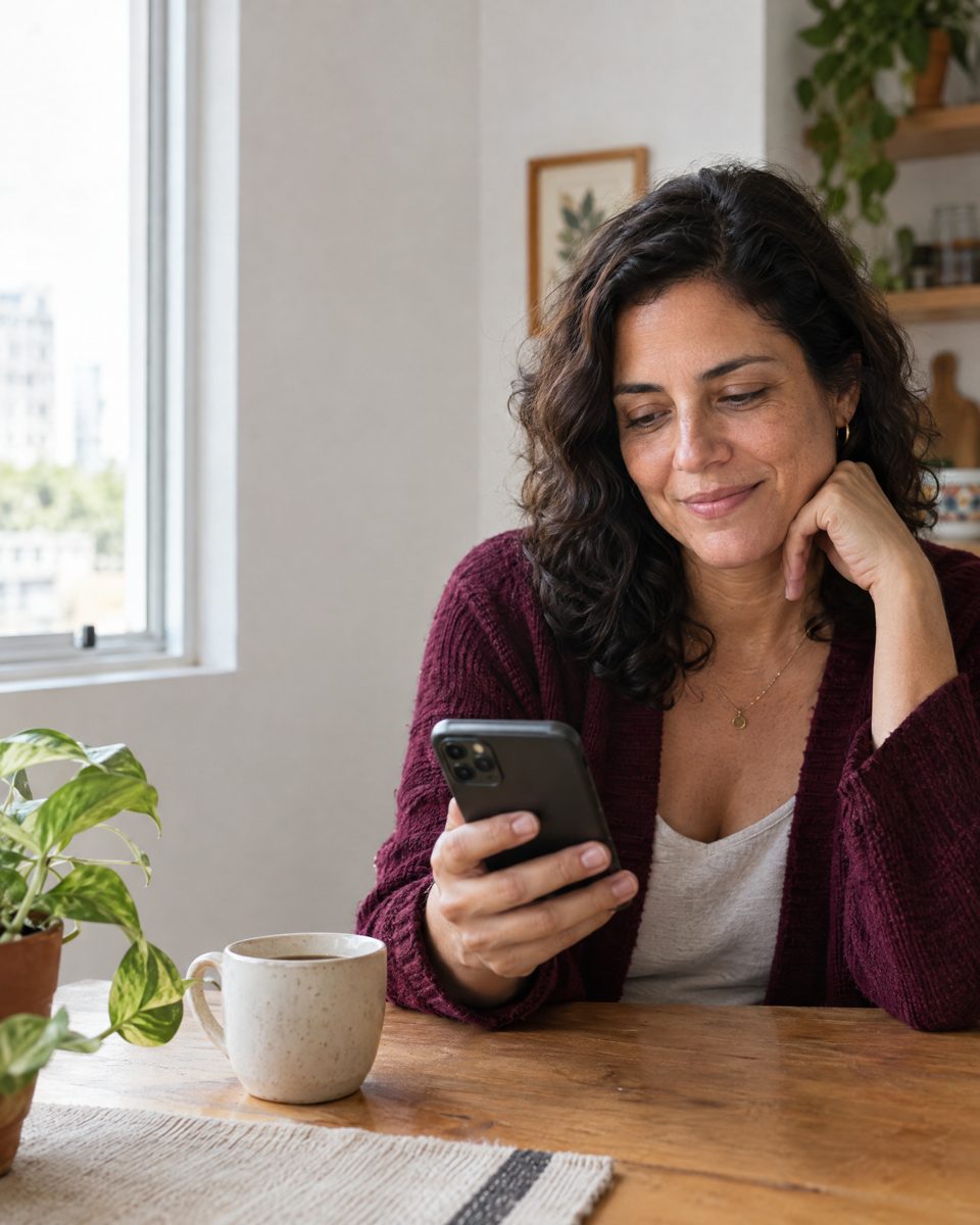 Mulher consultando os processos no celular na mesa da cozinha