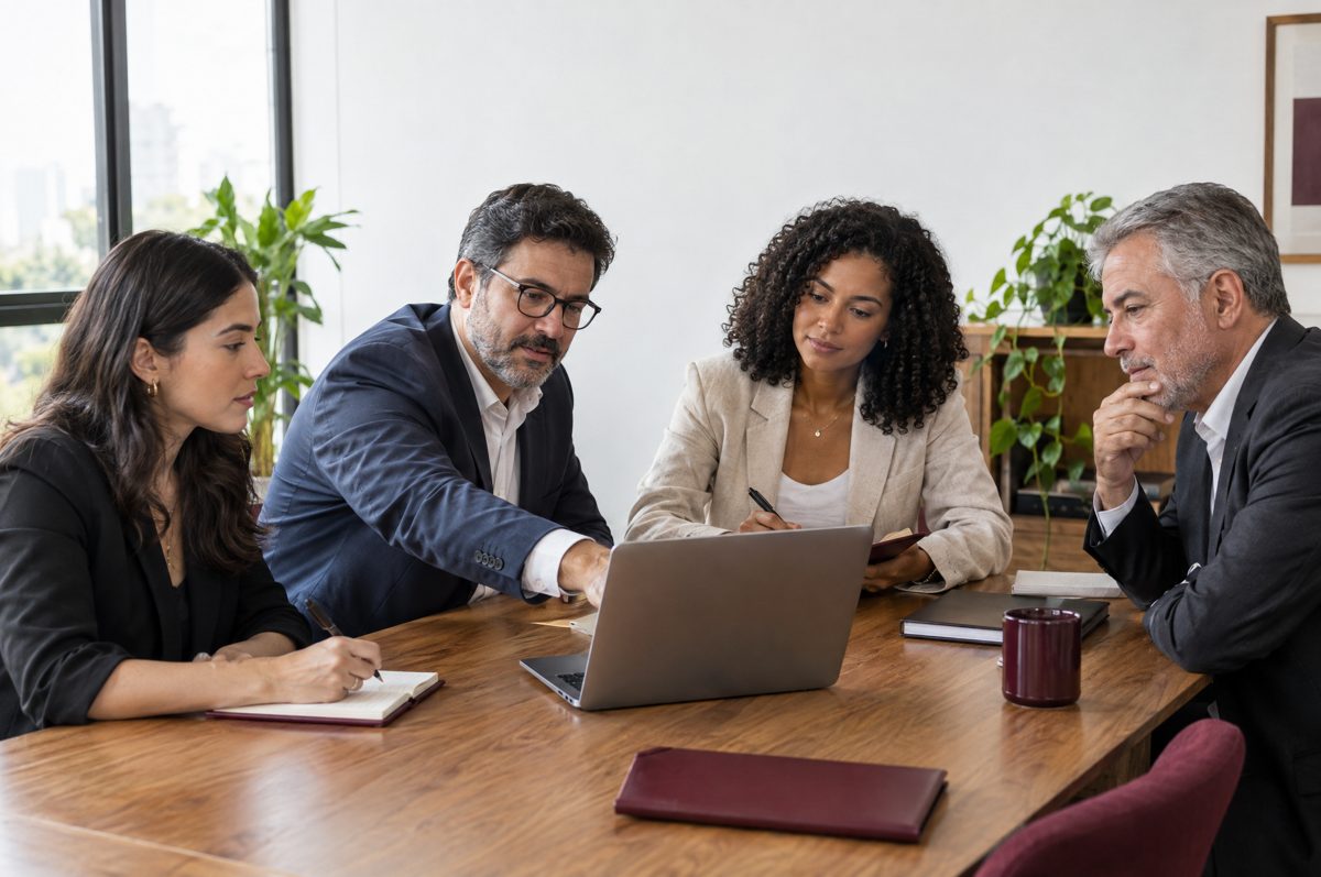 Equipe de advogados reunida em volta de um notebook