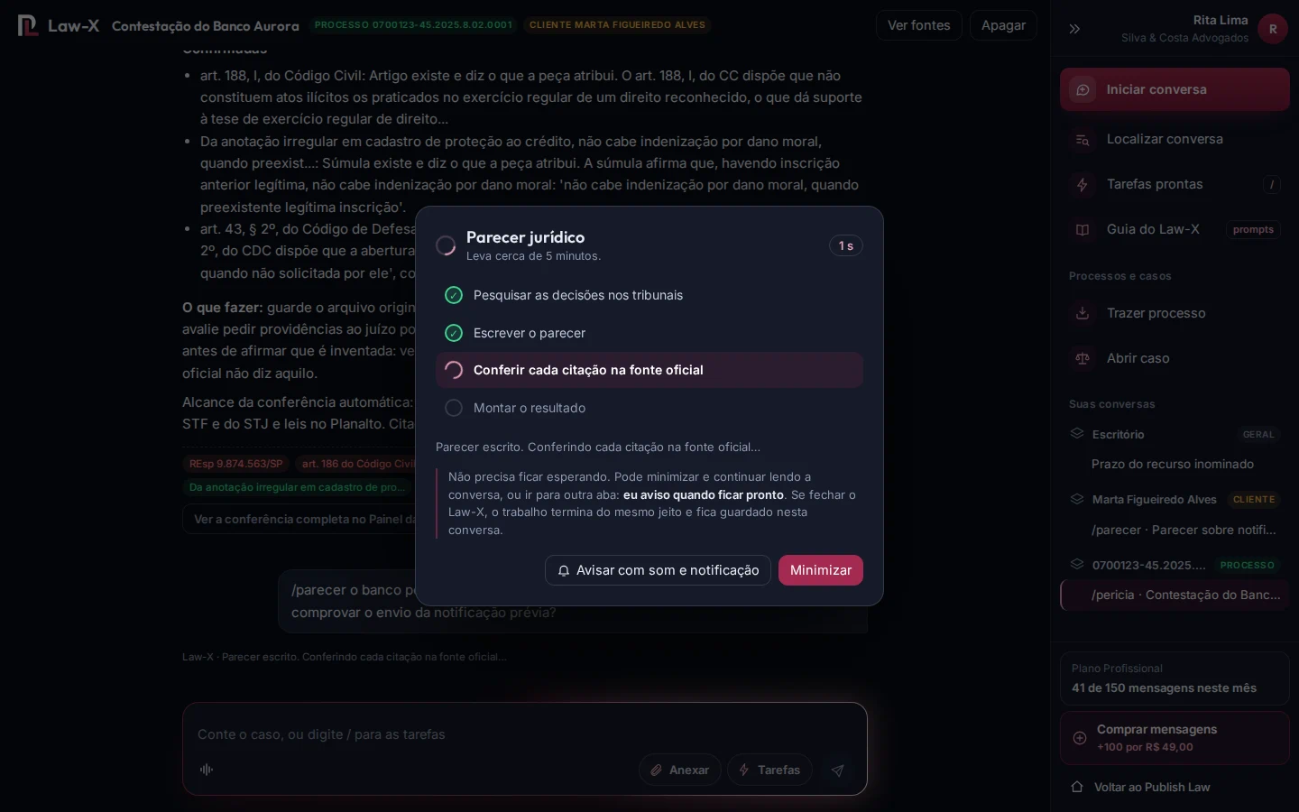 Quadro de etapas do Law-X durante a escrita de um parecer jurídico