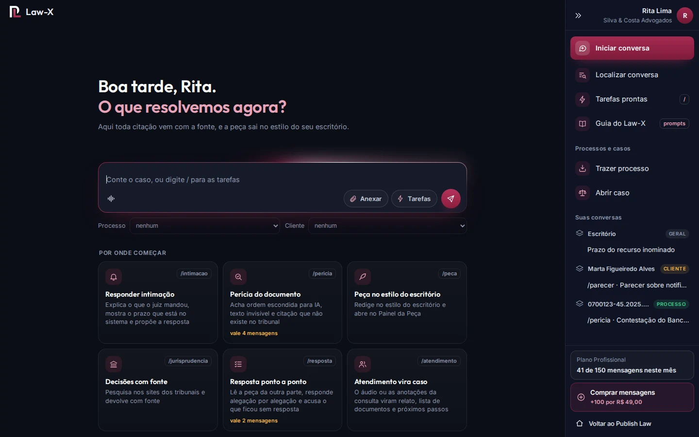 Tela inicial do Law-X com a caixa de conversa e os cartões das tarefas prontas