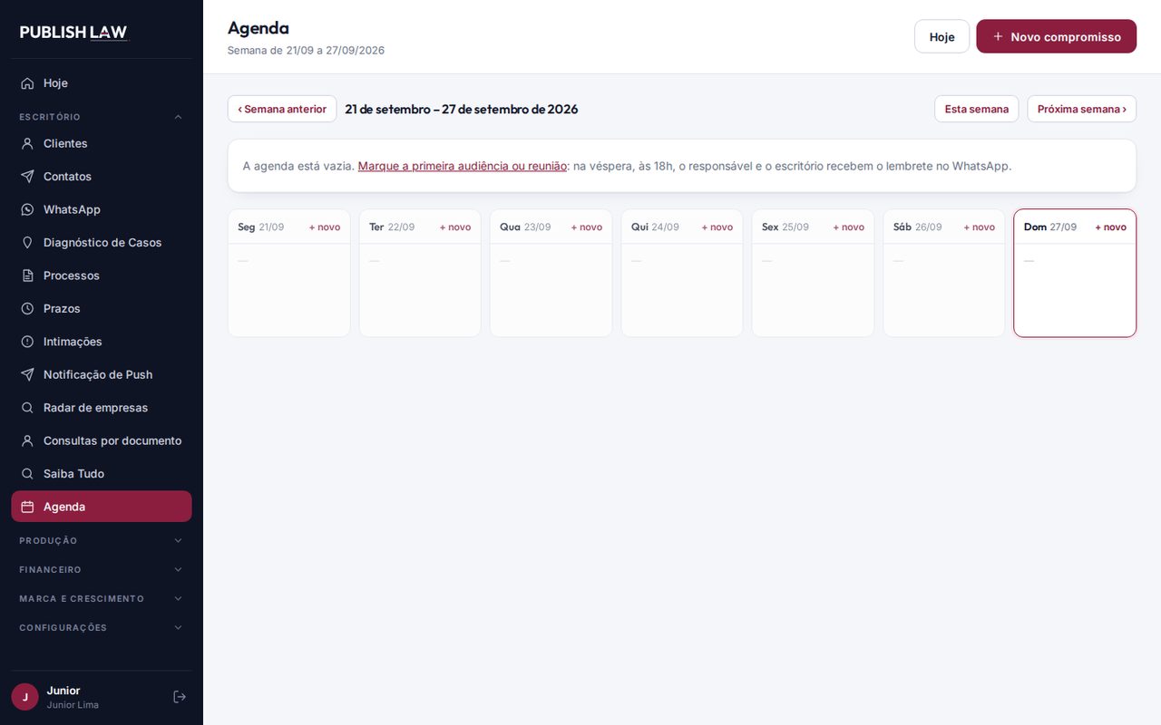 Tela do Publish Law: Intimação em tempo real