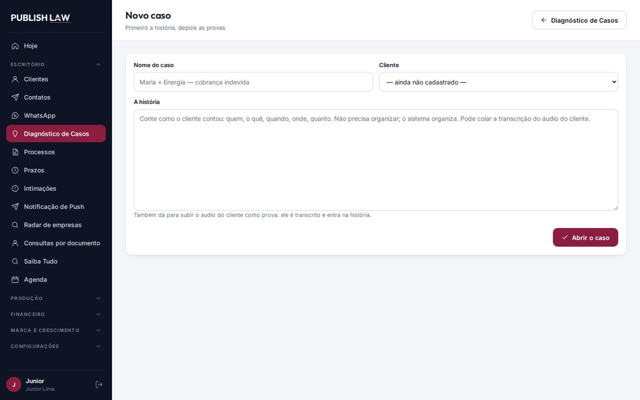 Tela do Publish Law: Diagnóstico de Casos