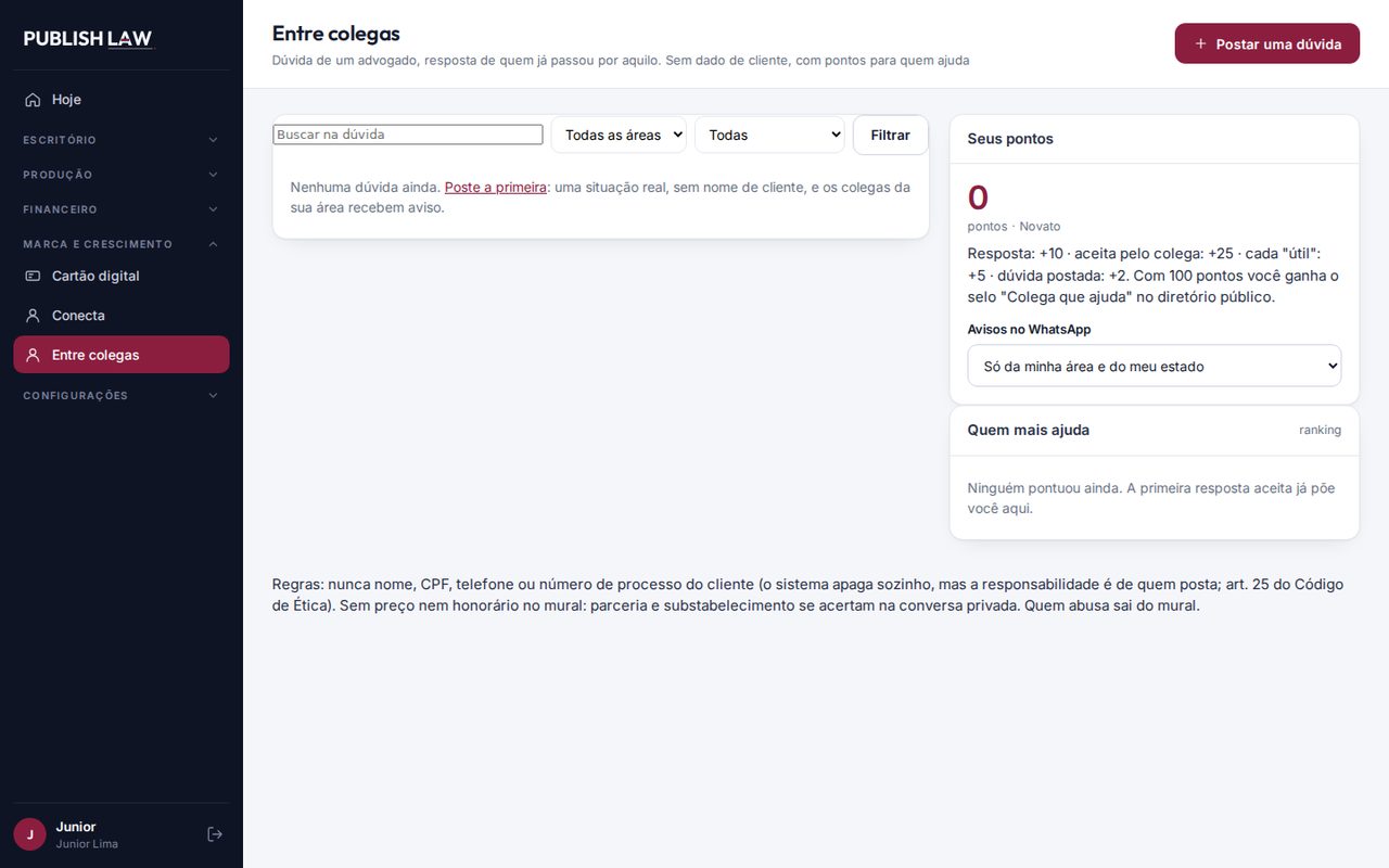 Tela do Publish Law: Entre colegas