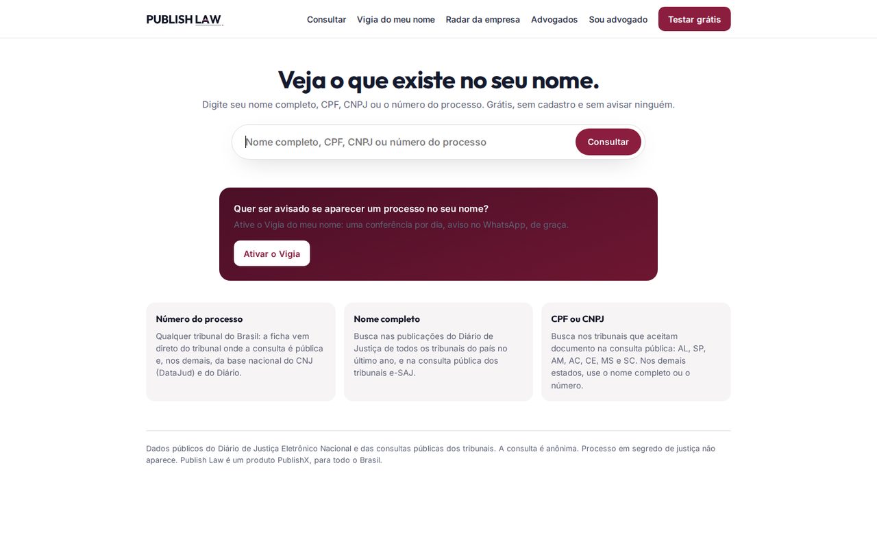 Tela da consulta pública do Publish Law