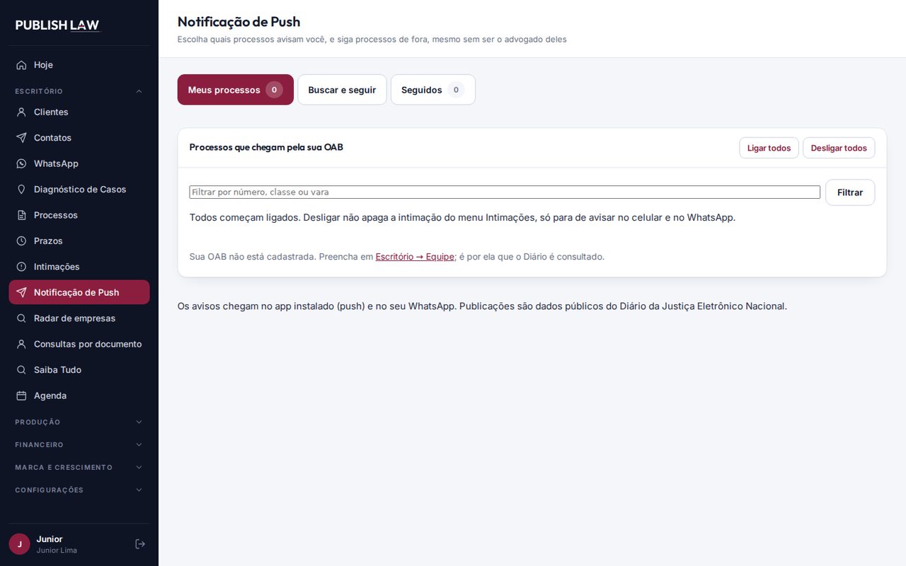 Tela do Publish Law: Notificação de Push